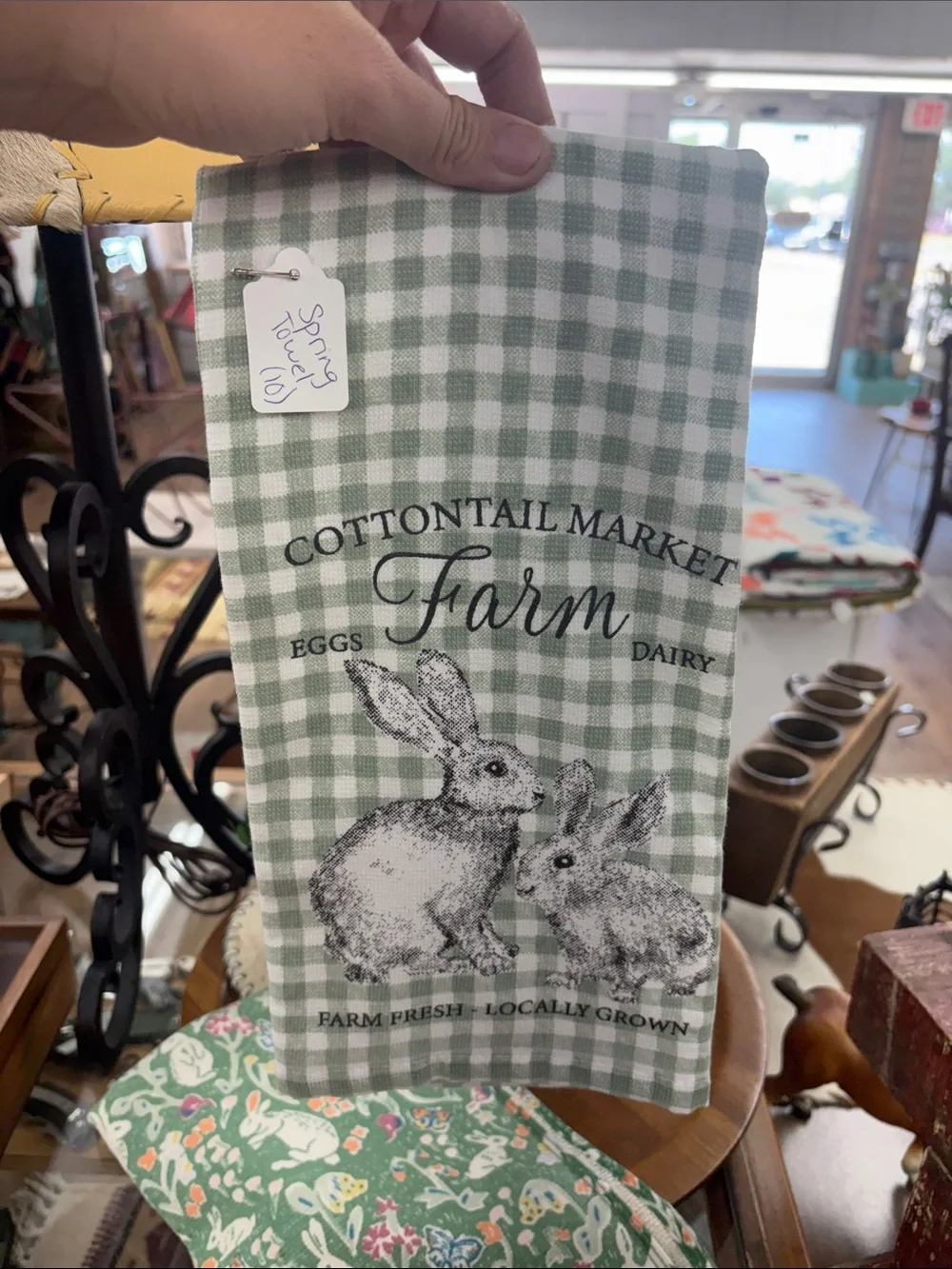 Farm Bunny Check Kitchen Towel - Green